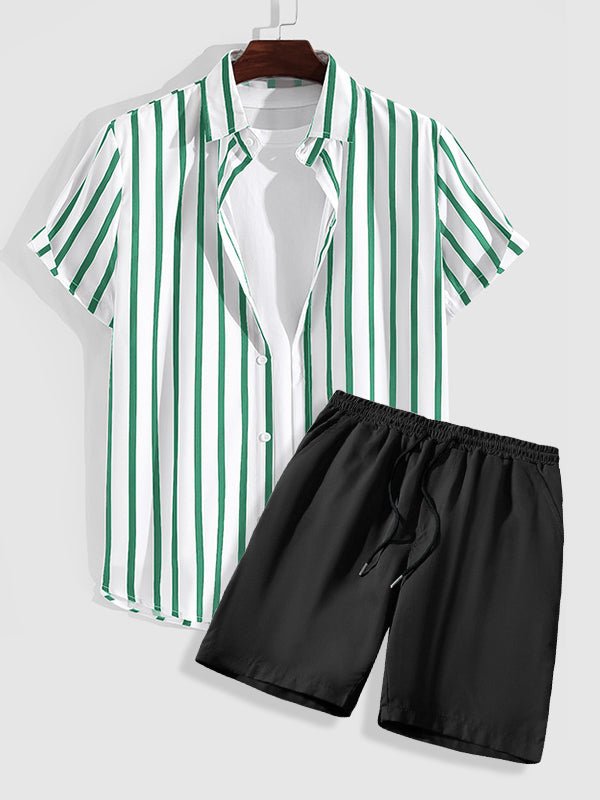 Abraham - Men's printed striped casual short-sleeved shirt shorts set