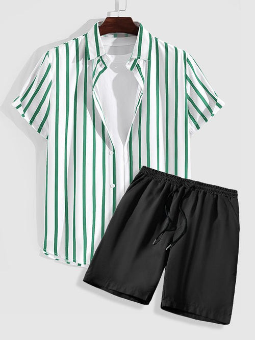 Abraham - Men's printed striped casual short-sleeved shirt shorts set