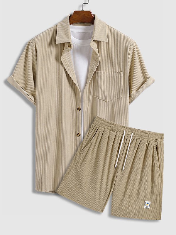 Yan - Men's Retro Corduroy Casual Short Sleeve Shirt Shorts Set