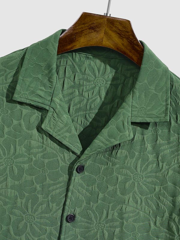 Ganny - Men's retro floral texture Cuban collar button-down shirt casual shorts set