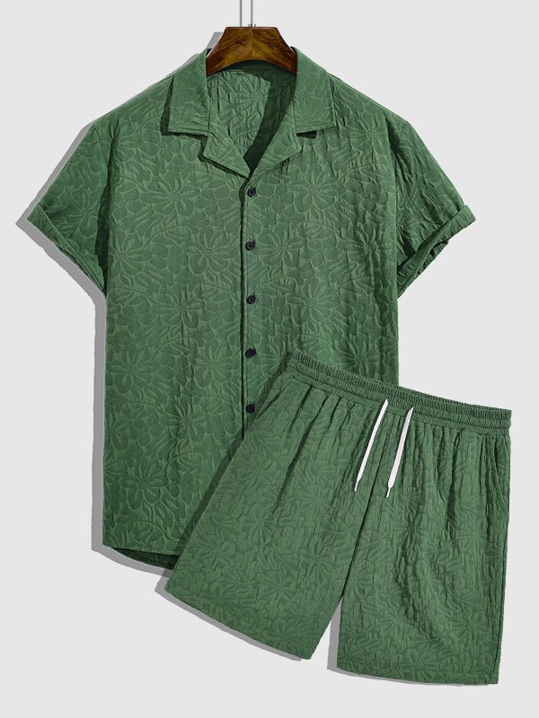 Ganny - Men's retro floral texture Cuban collar button-down shirt casual shorts set