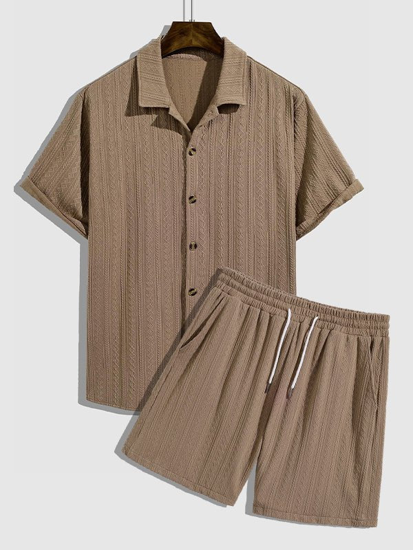 Kristof - Men's retro jacquard solid color short-sleeved shirt casual shorts set