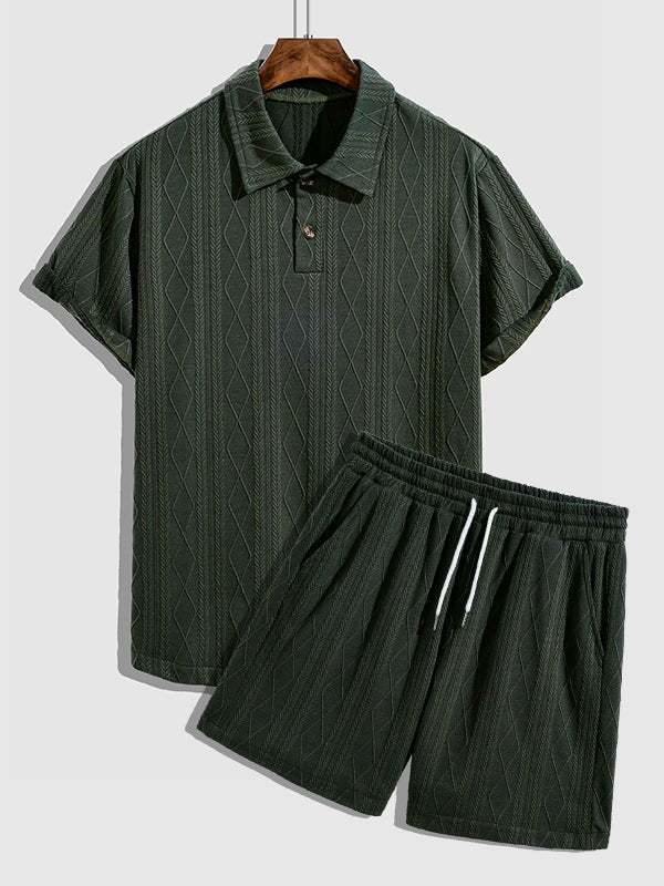 Leo - Men's  retro textured lapel polo shirt casual shorts set