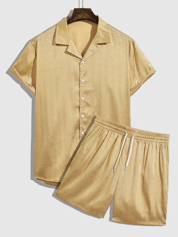 Fad - Men's Satin Cuban Collar Solid Color Shirt Casual Shorts Set