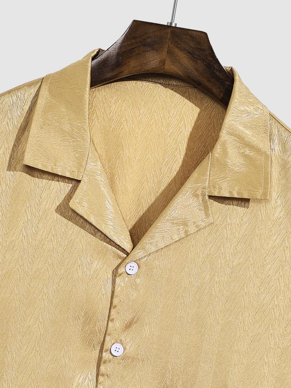 Fad - Men's Satin Cuban Collar Solid Color Shirt Casual Shorts Set