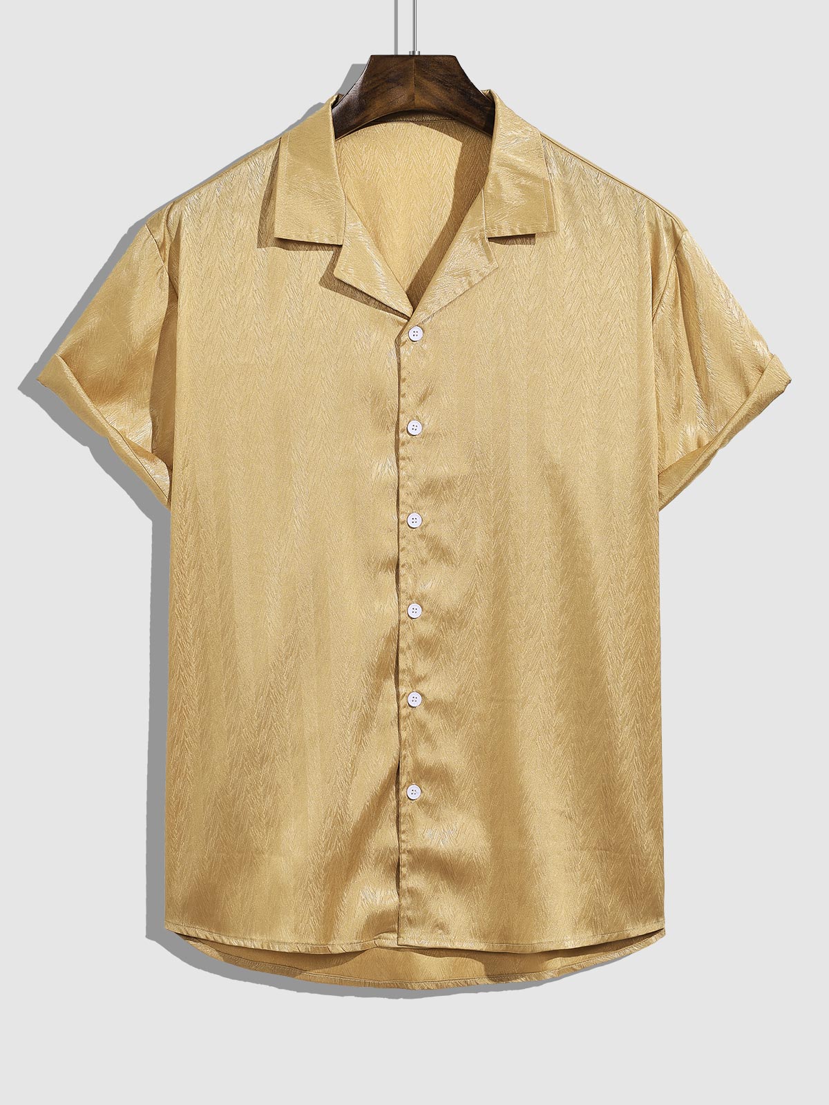 Fad - Men's Satin Cuban Collar Solid Color Shirt Casual Shorts Set