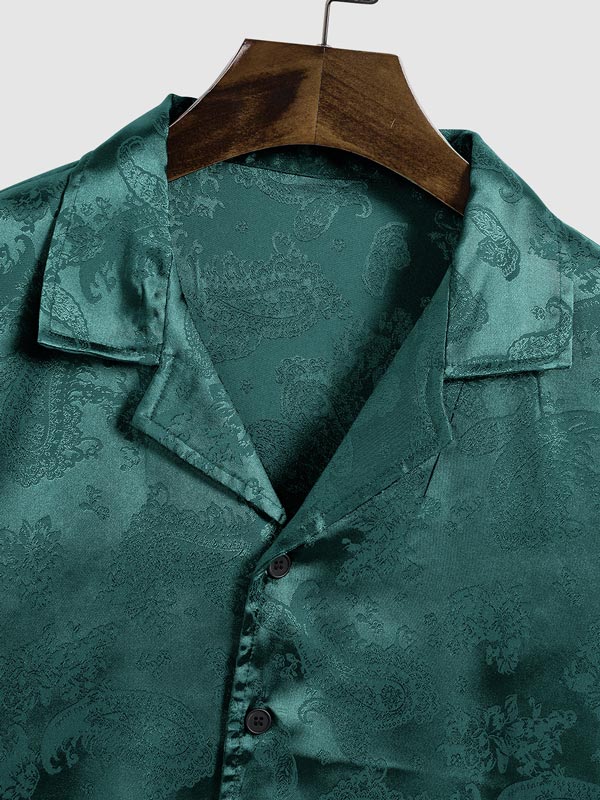 Sevi - Men's Satin Paisley Pattern  Cuban Collar Shirt Casual Shorts Set
