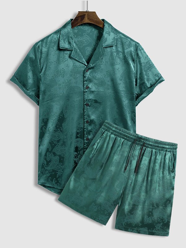 Sevi - Men's Satin Paisley Pattern  Cuban Collar Shirt Casual Shorts Set
