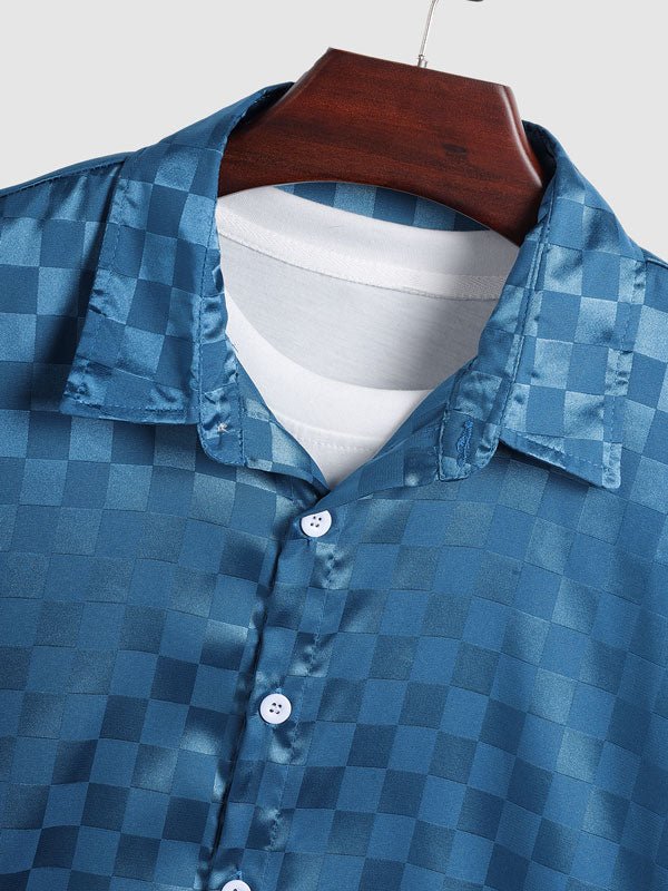 Martin - Men's Satin Plaid Casual Short Sleeve Shirt Casual Shorts Set