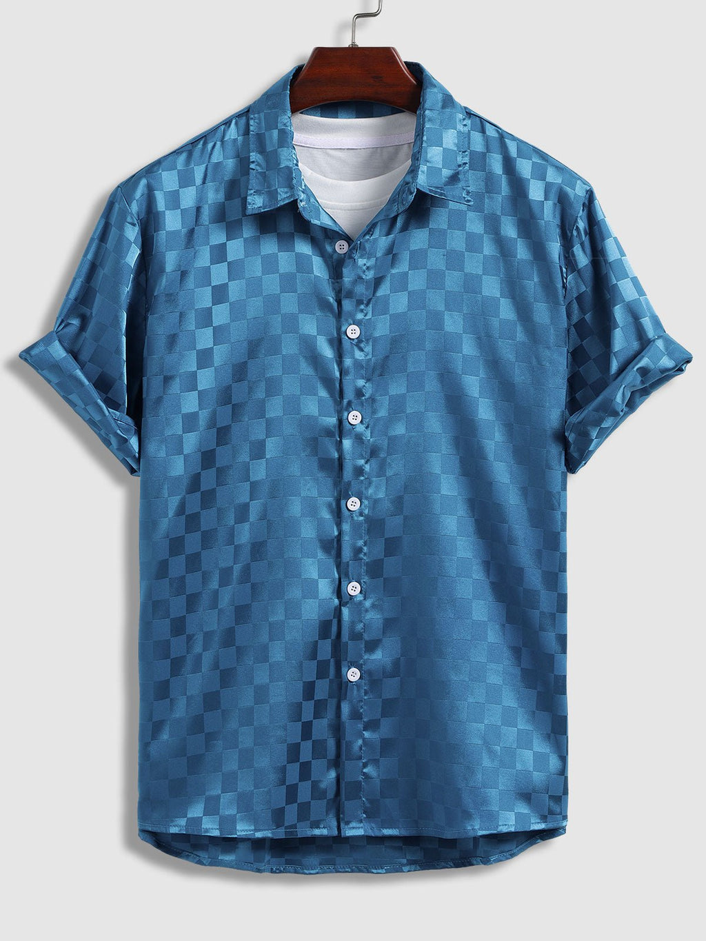 Martin - Men's Satin Plaid Casual Short Sleeve Shirt Casual Shorts Set