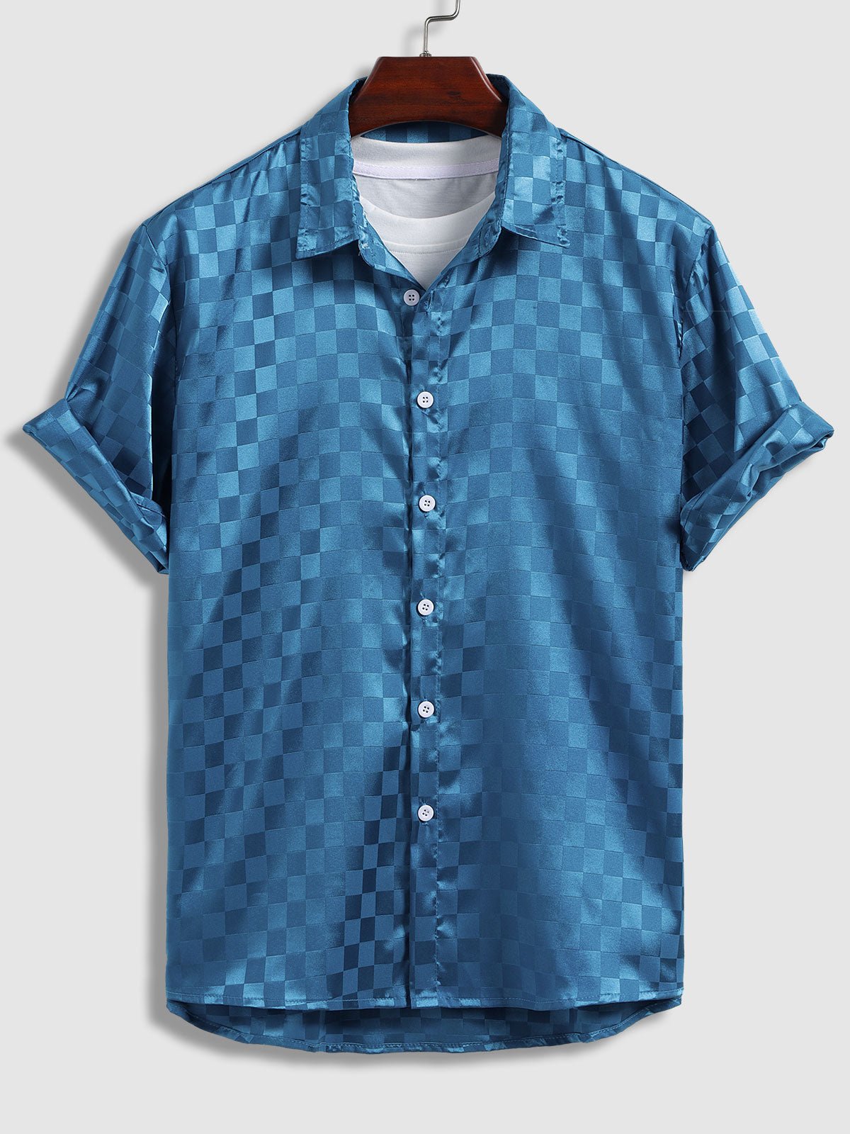 Martin - Men's Satin Plaid Casual Short Sleeve Shirt Casual Shorts Set