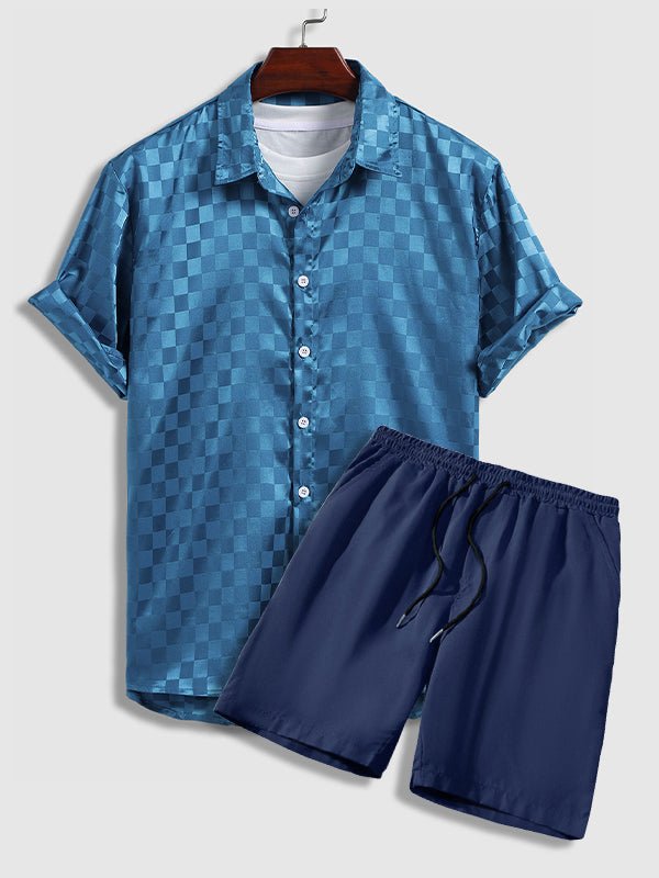 Martin - Men's Satin Plaid Casual Short Sleeve Shirt Casual Shorts Set