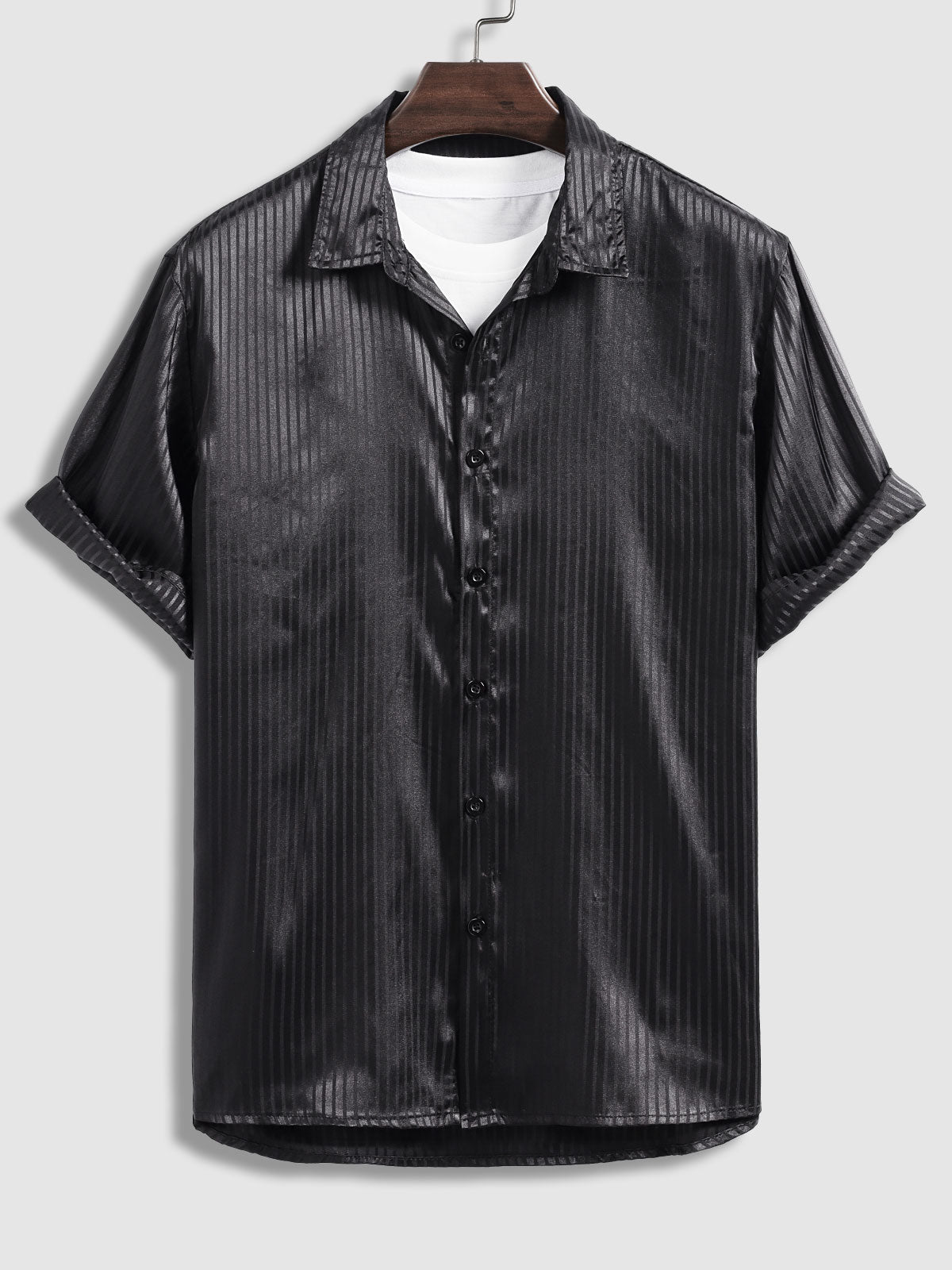 Niall - Men's satin striped business short-sleeved shirt casual shorts set