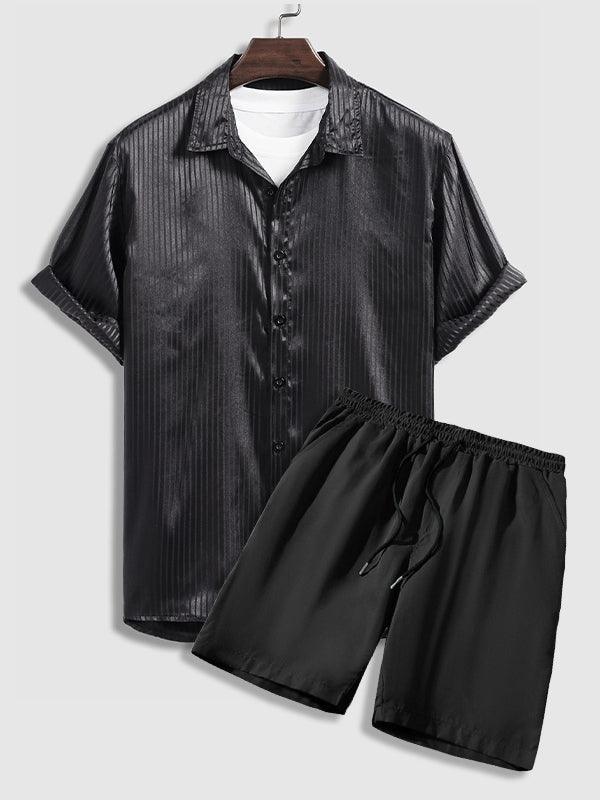 Niall - Men's satin striped business short-sleeved shirt casual shorts set