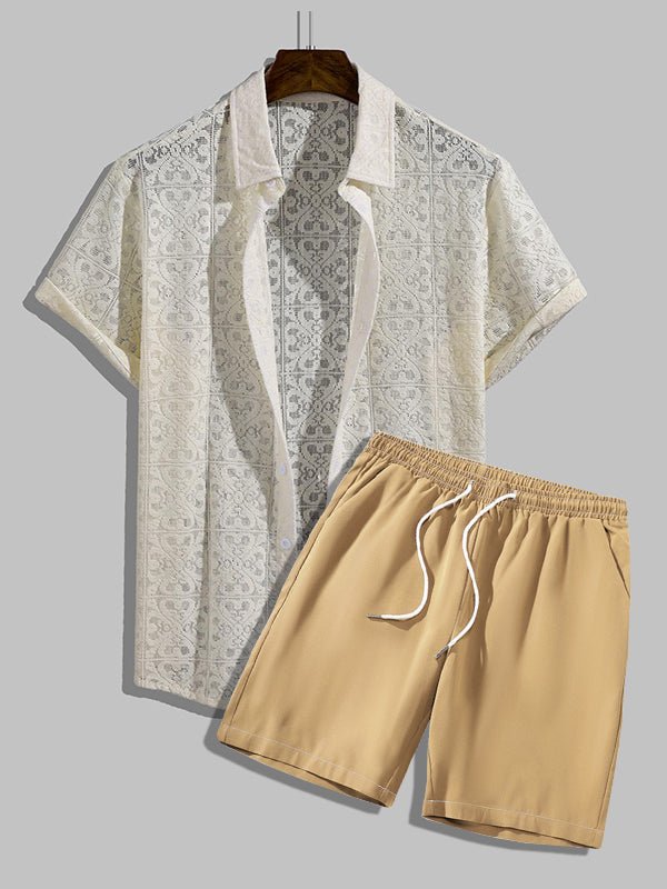 Phillip - Men's sexy hollow lapel short-sleeved shirt casual shorts set