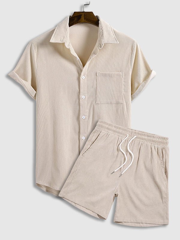 Will - Men's solid color corduroy casual short-sleeved shirt shorts set