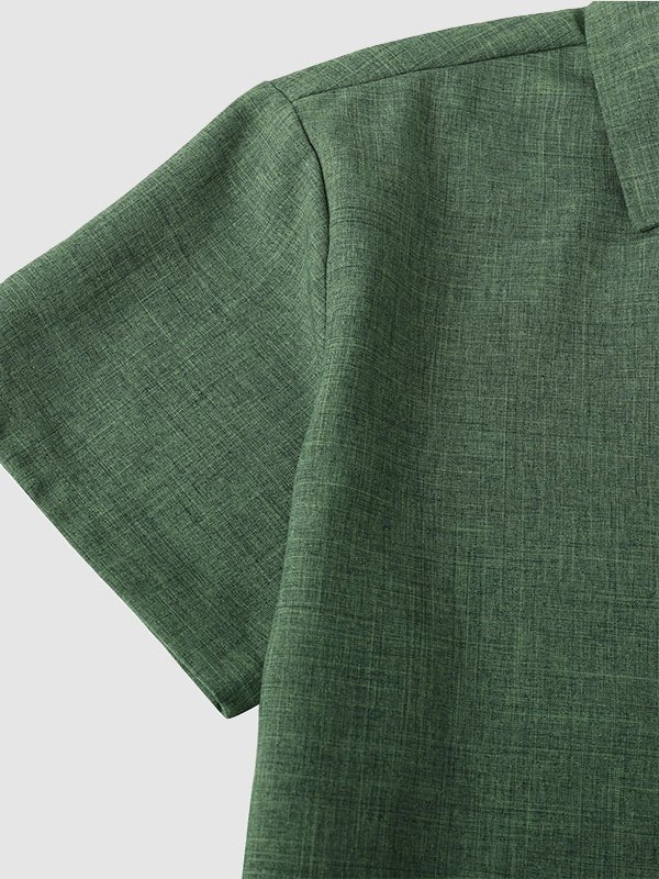 Zalde - Men's solid color cotton_linen shirt casual corduroy shorts set