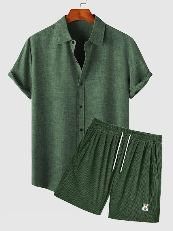 Zalde - Men's solid color cotton_linen shirt casual corduroy shorts set