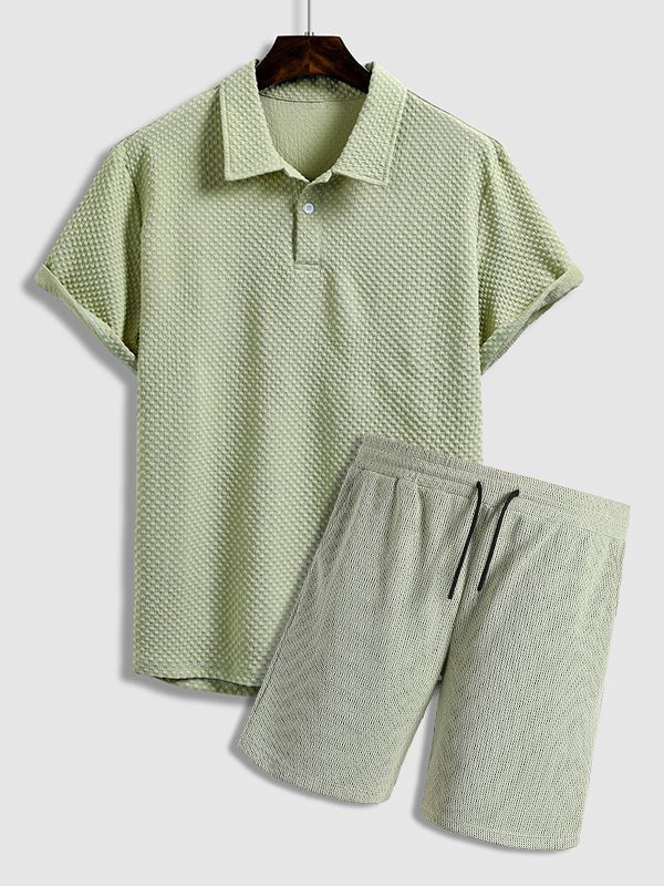 Quail - Men's solid color textured lapel polo casual shorts set