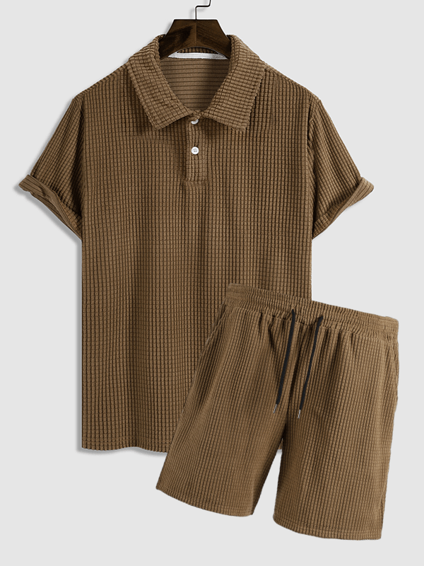 Sam - Men's solid color textured lapel T-shirt short-sleeved set
