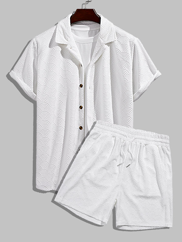 Oliver - Men's solid color wave terry texture shirt casual shorts set