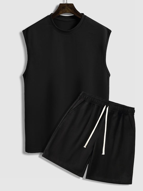 Igan - Men's Solid Suede Sleeveless Crew Neck T-Shirt Shorts Set