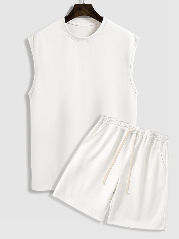 Igan - Men's Solid Suede Sleeveless Crew Neck T-Shirt Shorts Set