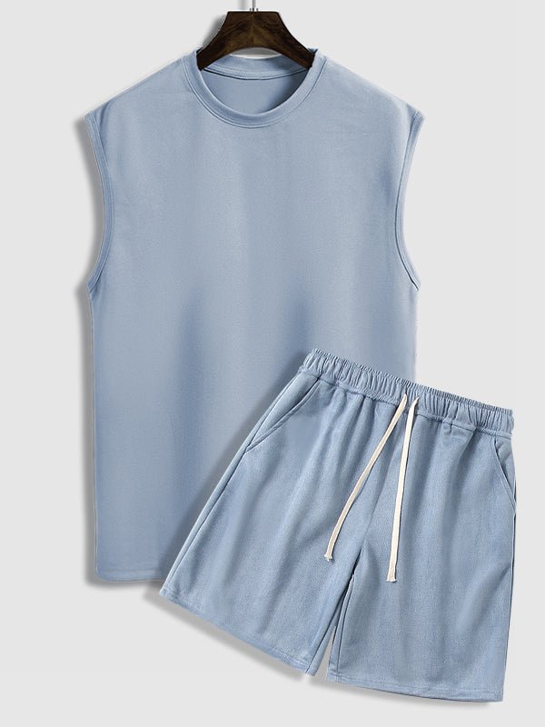Igan - Men's Solid Suede Sleeveless Crew Neck T-Shirt Shorts Set