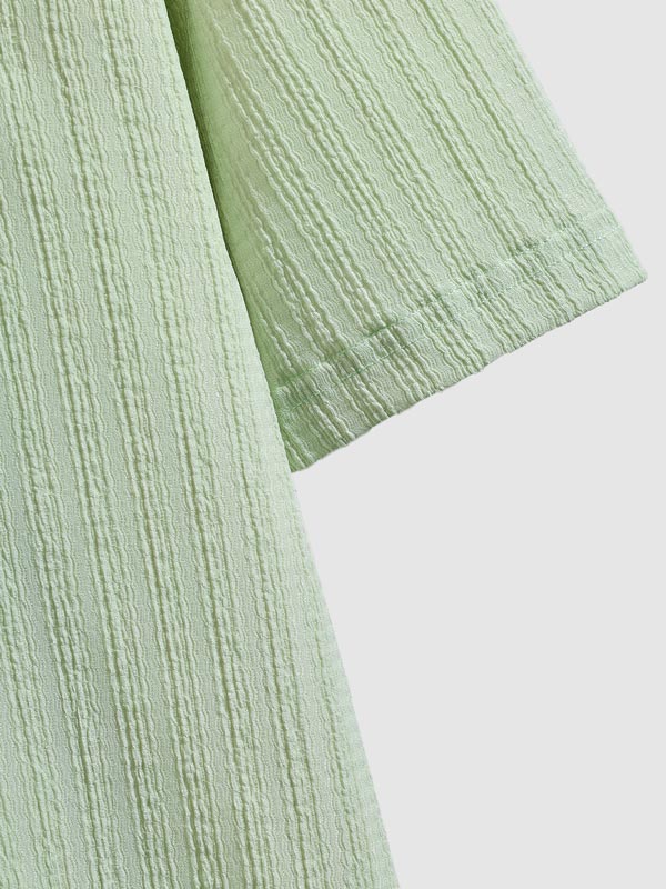 Endy - Men's Striped Textured Cuban Collar Button-Down Shirt Casual Shorts Set