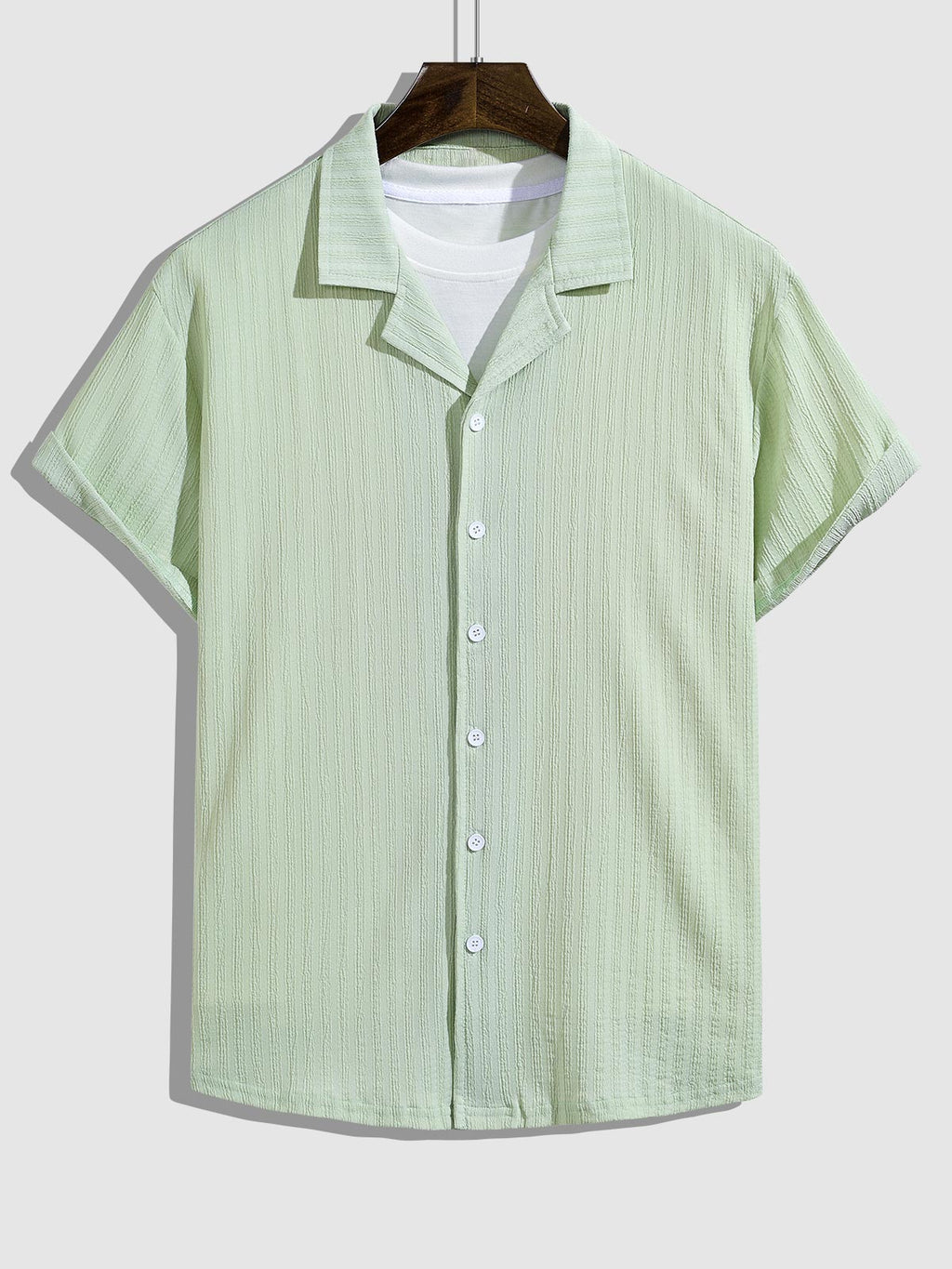 Endy - Men's Striped Textured Cuban Collar Button-Down Shirt Casual Shorts Set