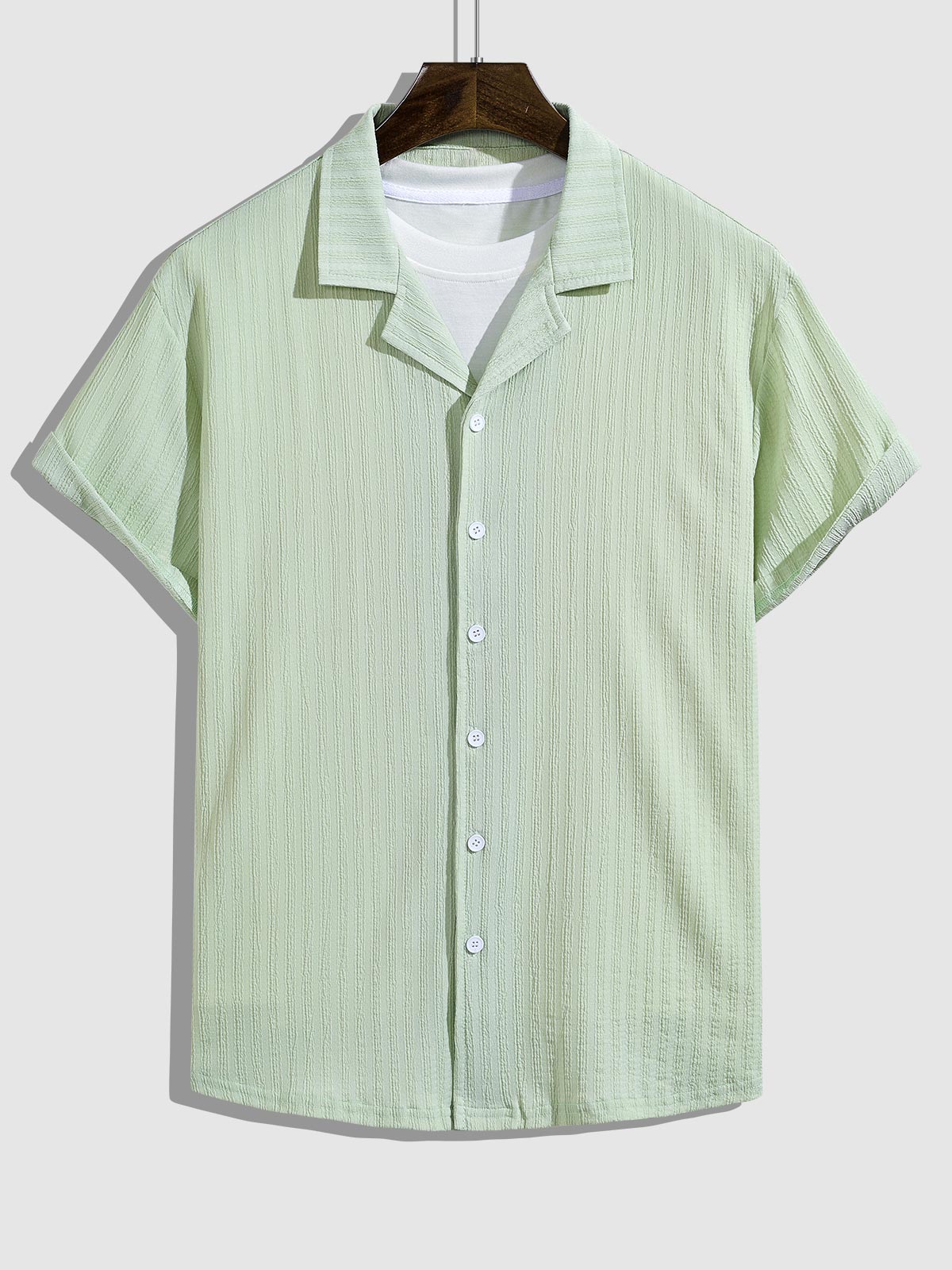 Endy - Men's Striped Textured Cuban Collar Button-Down Shirt Casual Shorts Set