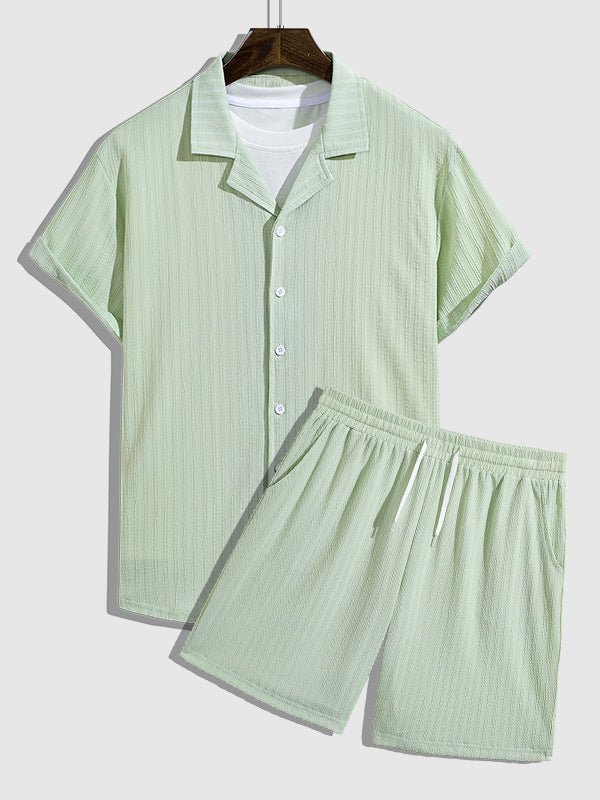 Endy - Men's Striped Textured Cuban Collar Button-Down Shirt Casual Shorts Set