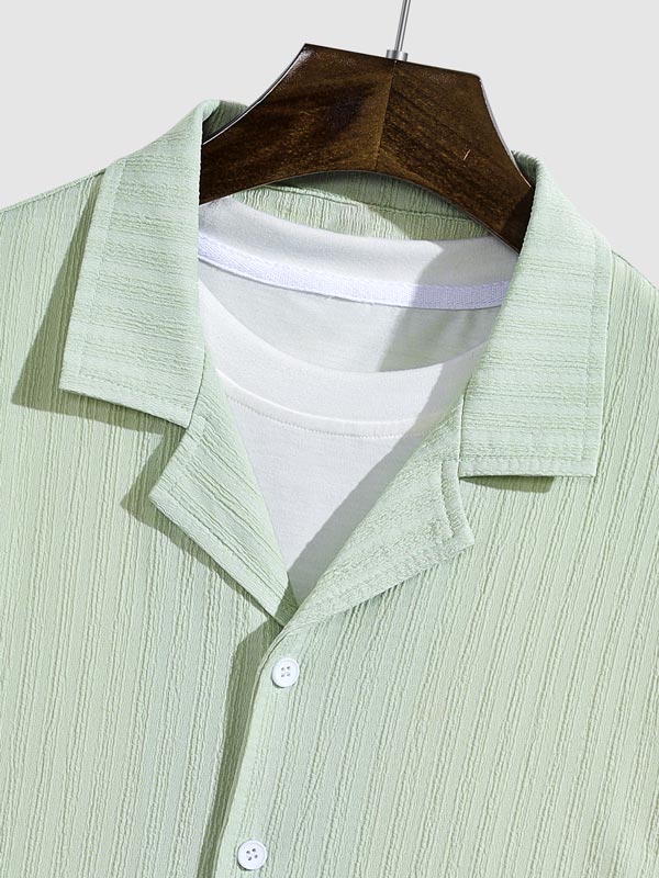 Endy - Men's Striped Textured Cuban Collar Button-Down Shirt Casual Shorts Set