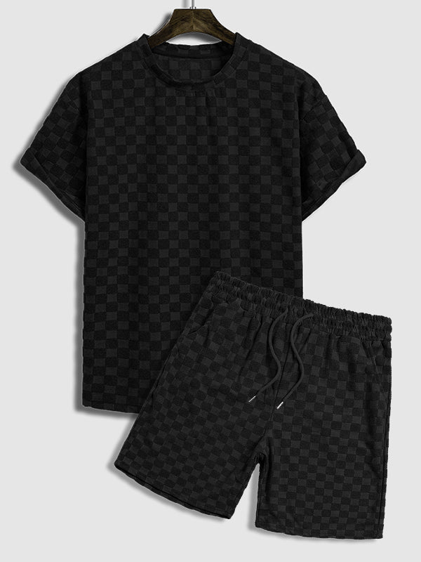 Van - Men's terry cloth plaid crew neck T-shirt shorts set
