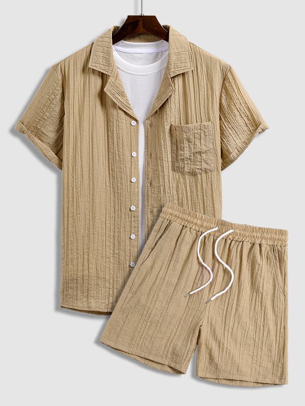 Tristan - Men's Textured Cuban Collar Shirt Casual Shorts Set