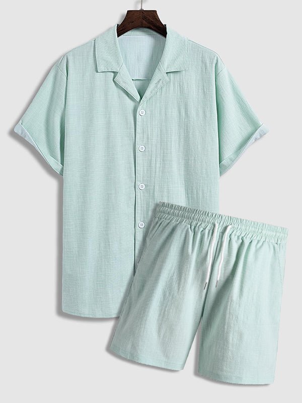 Ryan - Men's textured short-sleeved shirt casual shorts solid color set
