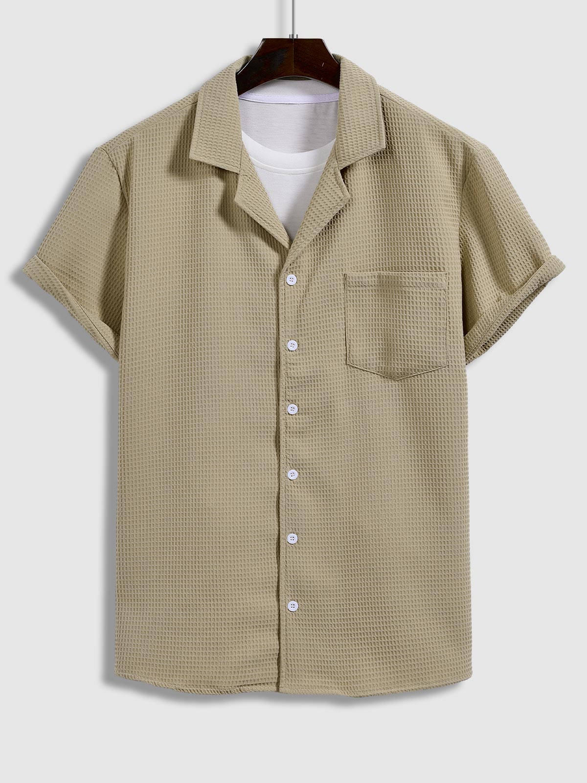 Xtian - Men's Textured Waffle Cuban Collar Shirt Corduroy Casual Shorts Set