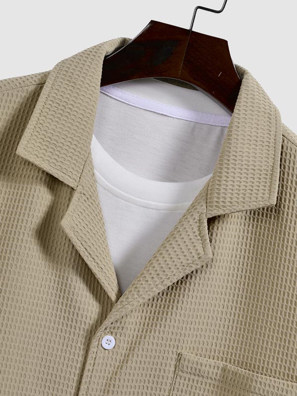 Xtian - Men's Textured Waffle Cuban Collar Shirt Corduroy Casual Shorts Set
