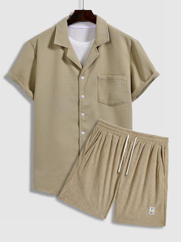 Xtian - Men's Textured Waffle Cuban Collar Shirt Corduroy Casual Shorts Set