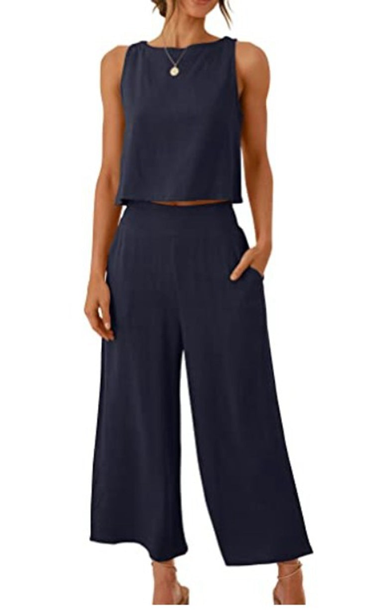 Riz - Sleeveless Vest and Wide-Leg Pants Set for Women
