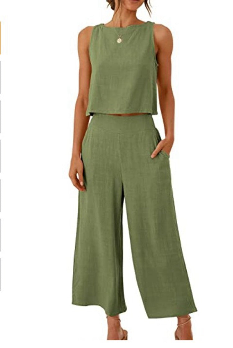 Riz - Sleeveless Vest and Wide-Leg Pants Set for Women