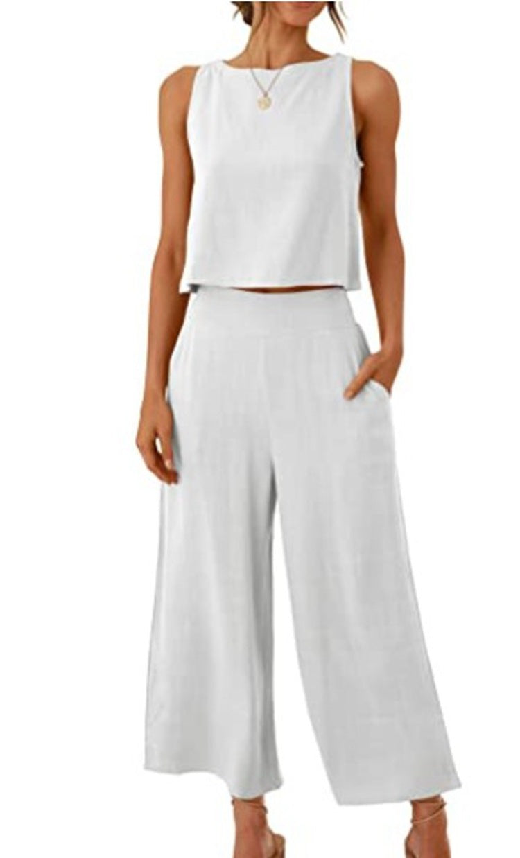 Riz - Sleeveless Vest and Wide-Leg Pants Set for Women